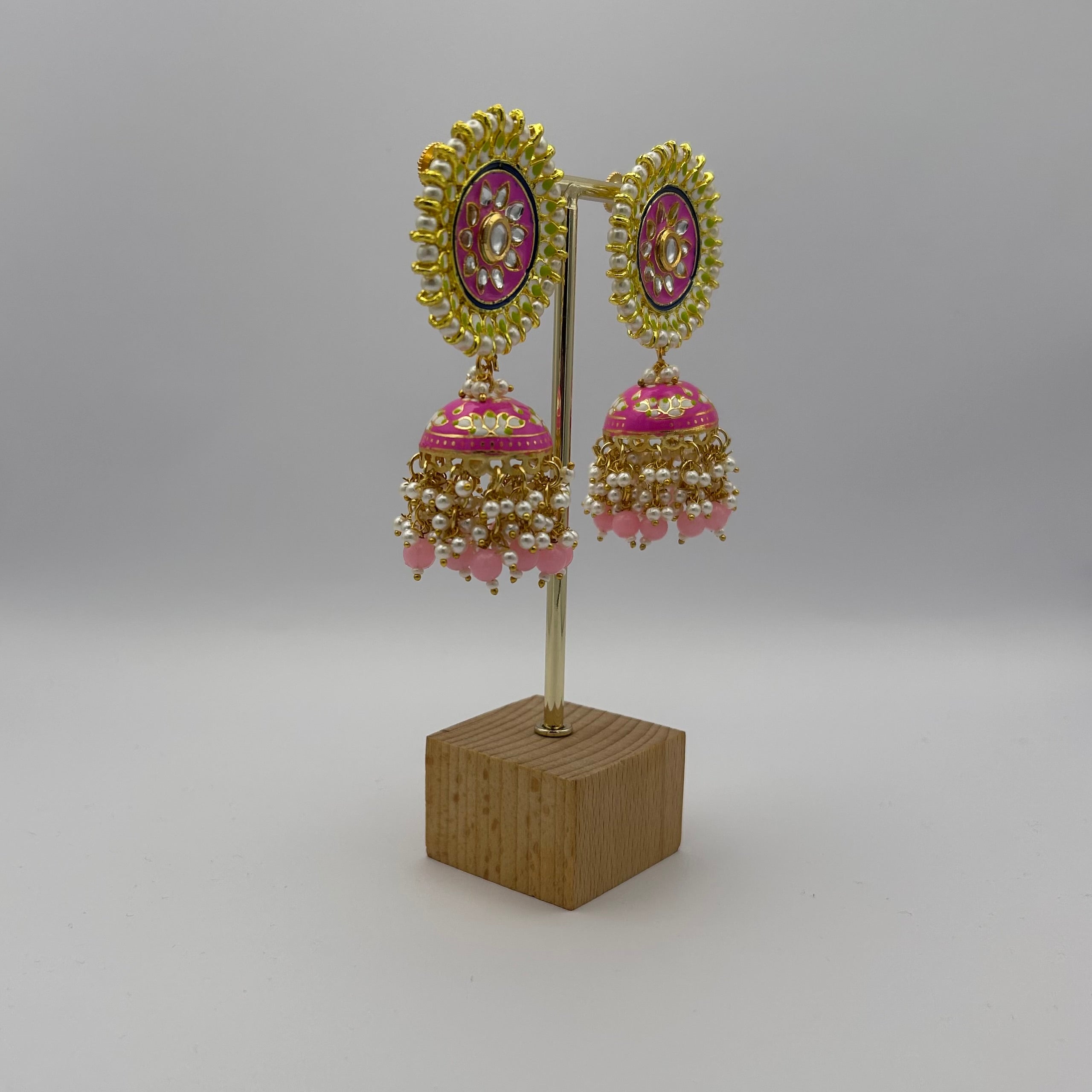 Nimrah Meenakari Jhumka Earrings - Baby Pink