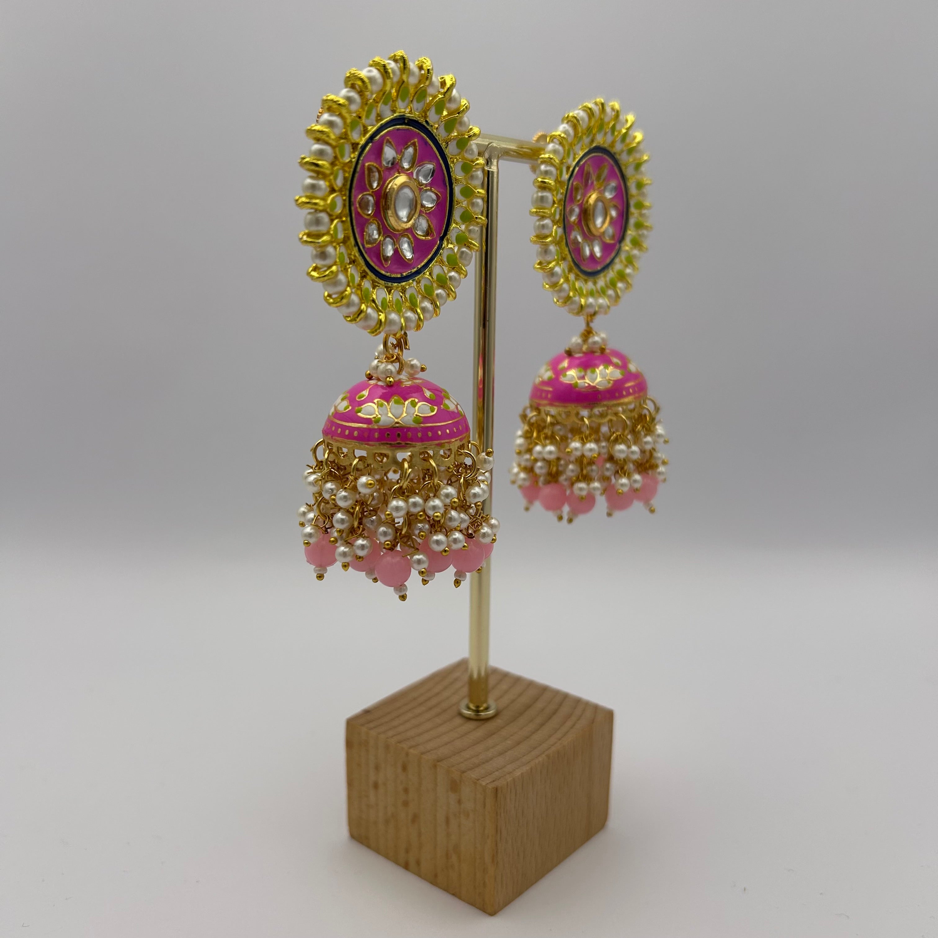 Nimrah Meenakari Jhumka Earrings - Baby Pink